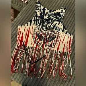 Affliction Red and Black Tie-Dye Fringe Top